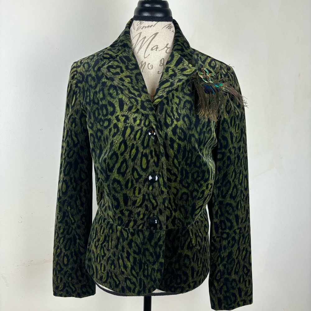 Anthro-Anthracite Leopard print green velvet blazer w/peacock pin-Woman’s 10-EUC - Picture 3 of 14